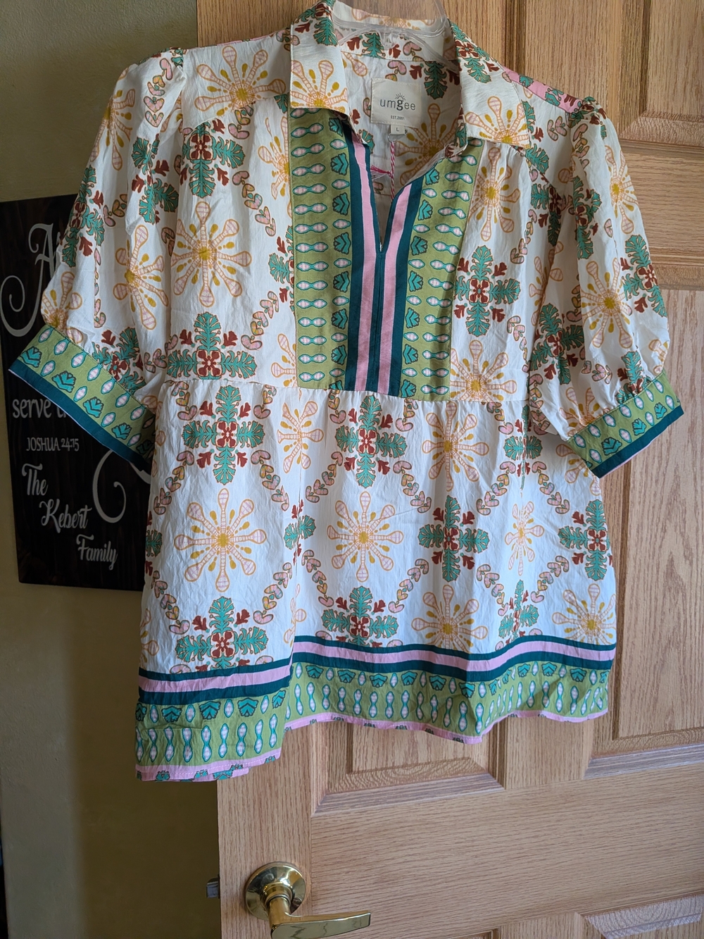 Umgee White Floral Printed Peasant Top with Green Trim